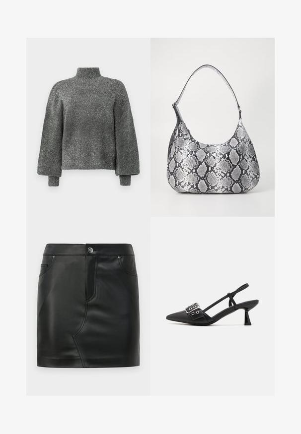 Pull en maille métallisée gris, à col montant et manches longues légèrement surdimensionnées. Tissu texturé et scintillant avec une coupe décontractée et des poignets côtes.; Mini-jupe en simili cuir noir avec un bouton à l'avant, fermeture éclair, poches avant et arrière, et détails de couture.; Simmi London DALA - Escarpins - black; Sac à épaule en simili cuir noir et blanc avec imprimé serpent, de forme arrondie, texture lisse et bandoulière incurvée. Présente un accent en matériel argenté.