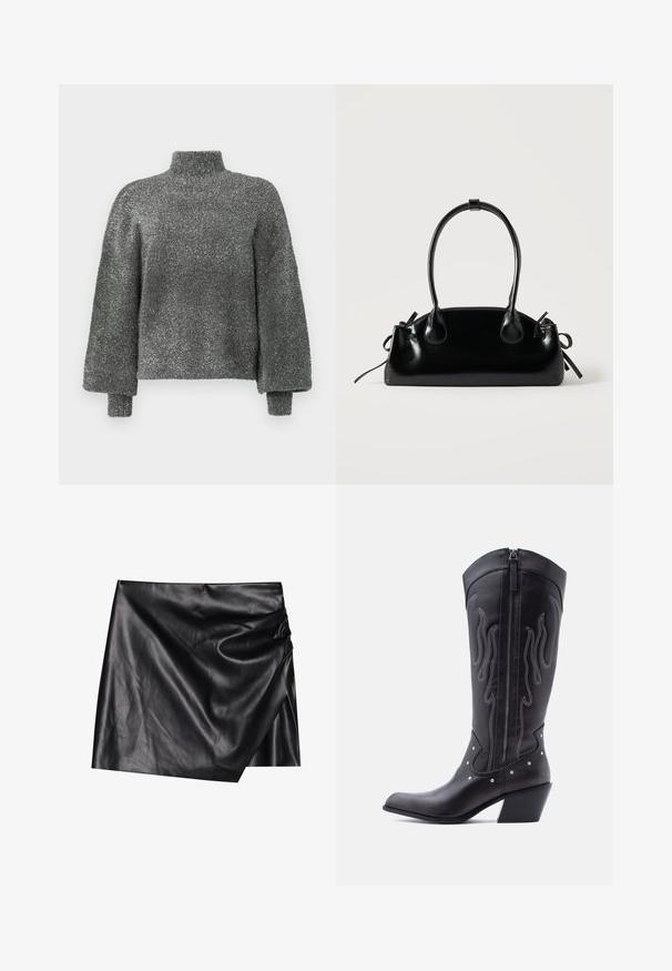 Pull en maille métallisée gris, à col montant et manches longues légèrement surdimensionnées. Tissu texturé et scintillant avec une coupe décontractée et des poignets côtes.; Jupe mini en cuir noir avec un design portefeuille, affichant une texture douce et lisse ainsi que des détails de drapés subtils sur un côté.; Bottes de cow-boy en cuir noir avec bout pointu, coutures apparentes, ornements à clous argentés et fermeture éclair sur le côté intérieur.; Petit sac à main noir brillant avec deux longues anses et des détails à cordon sur les côtés sur un fond clair uni.