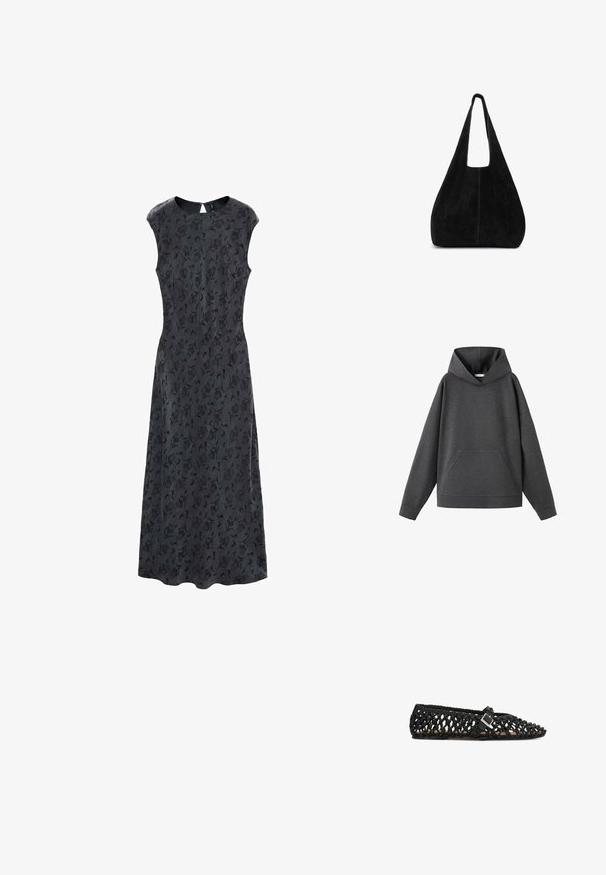 Hættetrøje i mørkegrå, lavet af blødt stof. Har en frontlomme og brede, hængende skuldre. Enkel, ubeklædt design.; Sort blomsterprintet kjole med tætsiddende overdel og flagrende skirt, med korte ærmer og lynlås lukning bagpå. Glat stof tekstur.; Sort vævet flad sko med spids tå og rem med sidebøjle, vist i sideprofil på hvid baggrund.; Sort ruskind skuldertaske med bred strop og minimalistisk design, trekantet form og synligt centralt syning.