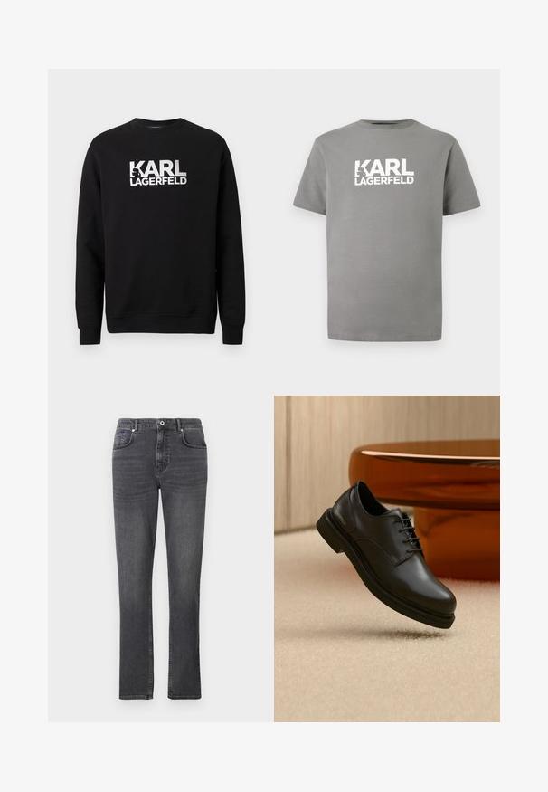 Čierna bavlnená mikina s dlhými rukávmi. Na prednej strane veľké biele potlačené logo "KARL LAGERFELD". Klasický dizajn s okrúhlym výstrihom.; Šedé bavlnené tričko s okrúhlym výstrihom, krátkymi rukávmi a výrazným bielym logom „KARL LAGERFELD“ na prednej strane.; Šedé denimové džínsy s rovnými nohavicami, päť vreciek a jemnými švovými detailmi. Tkanina má hladkú textúru.; Čierna kožená šnurovacia topánka vznášajúca sa nad béžovým kobercom s lesklým hnedým zaobleným objektom v pozadí.