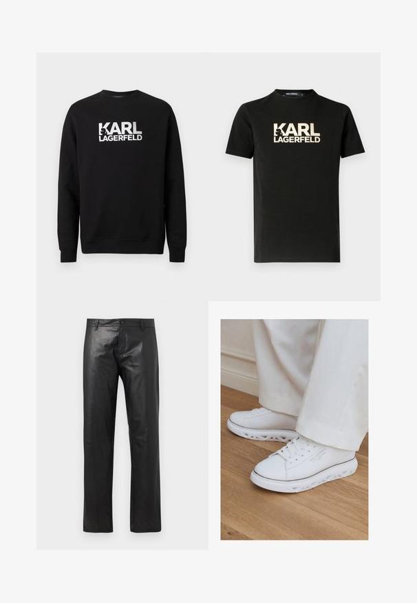 Čierna bavlnená mikina s dlhými rukávmi. Na prednej strane veľké biele potlačené logo "KARL LAGERFELD". Klasický dizajn s okrúhlym výstrihom.; Čierne bavlnené tričko s krátkymi rukávmi a okrúhlym výstrihom. Obsahuje zlatú potlač loga "KARL LAGERFELD" s kontúrou siluety.; Čierne kožené nohavice s priamymi nohavicami, so zapínaním na gombík vpredu a pútkami na opasok, zobrazené na jednoduchom bielom pozadí.; Biele nízke tenisky s unikátnymi vyrezávanými podrážkami nosené so svetlými nohavicami na drevenej podlahe.