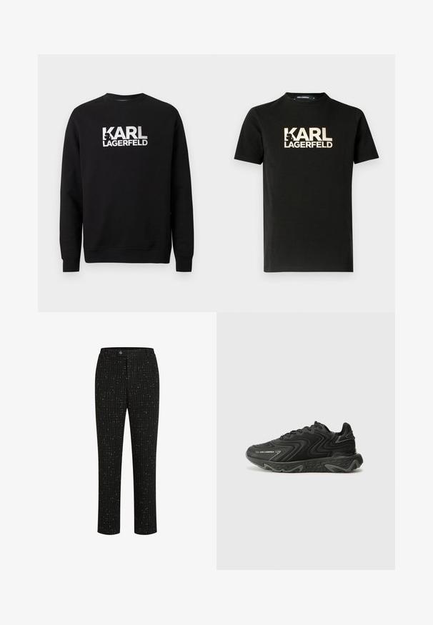 Čierna bavlnená mikina s dlhými rukávmi. Na prednej strane veľké biele potlačené logo "KARL LAGERFELD". Klasický dizajn s okrúhlym výstrihom.; Čierne bavlnené tričko s krátkymi rukávmi a okrúhlym výstrihom. Obsahuje zlatú potlač loga "KARL LAGERFELD" s kontúrou siluety.; Čierne nohavice na mieru s textúrovaným vzorom tenkých bielych vertikálnych pruhov, rovný strih a zapínanie na gombík v oblasti pásu.; Čierne tenisky s vlnitým textúrovým vzorom a sivými akcentmi. Obsahujú šnurovací dizajn a robustnú, tvarovanú podrážku. Branding je viditeľný na boku.