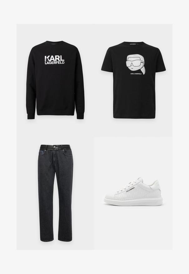 Sweat-shirt noir en coton à manches longues. Présente un grand logo imprimé blanc « KARL LAGERFELD » sur le devant. Conception classique à col rond.; T-shirt en coton noir avec un graphisme blanc représentant un personnage stylisé portant de grandes lunettes de soleil, accompagné du texte "KARL LAGERFELD" en dessous de l'image.; Jeans en denim noir avec une coupe droite, dotés d'une ceinture en cuir lisse, de poches avant et de détails de couture subtils.; Baskets blanches en cuir lisse avec motif gaufré. Présentent un bout rond, un laçage à l'avant et une semelle texturée. Détail du logo argenté sur le côté.