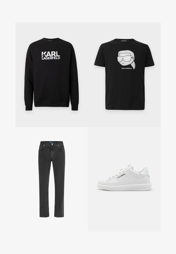 Sweat-shirt noir en coton à manches longues. Présente un grand logo imprimé blanc « KARL LAGERFELD » sur le devant. Conception classique à col rond.; T-shirt en coton noir avec un graphisme blanc représentant un personnage stylisé portant de grandes lunettes de soleil, accompagné du texte "KARL LAGERFELD" en dessous de l'image.; Jeans en denim noir avec une coupe droite, coutures contrastées, cinq poches et fermeture à bouton en métal. Tissu doux et texturé.; Baskets blanches en cuir lisse avec motif gaufré. Présentent un bout rond, un laçage à l'avant et une semelle texturée. Détail du logo argenté sur le côté.