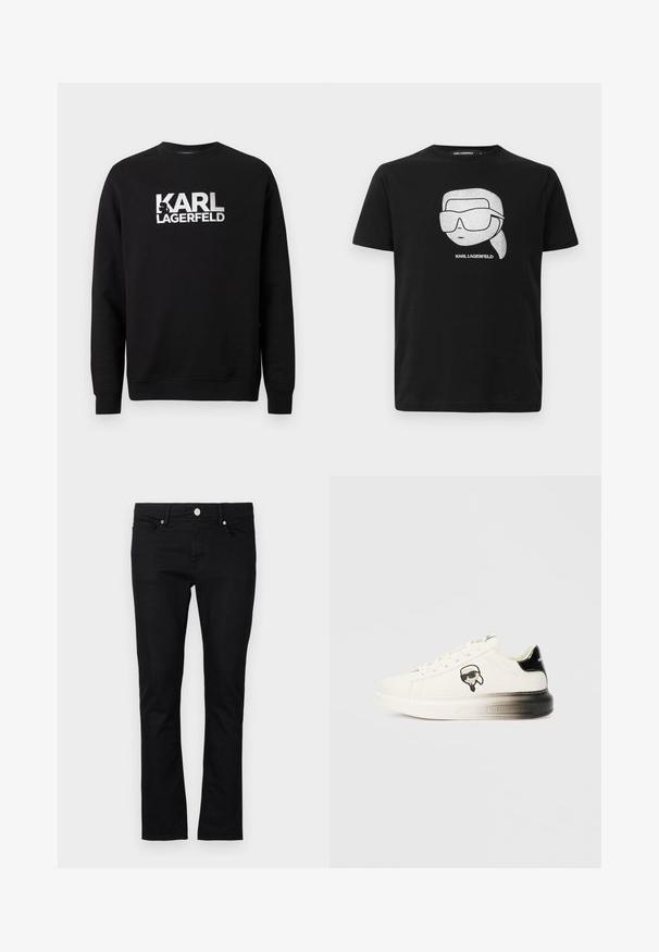 Sudadera negra de algodón con mangas largas. Presenta un gran logo impreso en blanco "KARL LAGERFELD" en el frente. Diseño clásico de cuello redondo.; Camiseta de algodón negra con un gráfico blanco de un personaje estilizado que lleva gafas de sol grandes, con el texto "KARL LAGERFELD" debajo de la imagen.; Jeans de mezclilla negra con un corte ajustado, diseño de pierna recta, estilo de cinco bolsillos y cierre de botón metálico, con detalles de costura mínimos.; Zapatilla blanca con parte superior de cuero liso, detalles en negro en el talón y un logotipo de dibujos animados. Presenta una suela gruesa y ligeramente transparente.