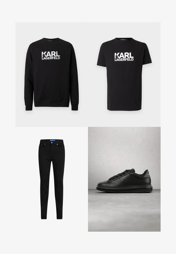 Musta puuvillainen collegepaita, jossa pitkät hihat. Edessä suuri valkoinen painettu logo "KARL LAGERFELD". Klassinen pyöreä pääntie.; Musta puuvillapaita, jossa on rohkea valkoinen "KARL LAGERFELD" -logo etupuolella, pyöreä kaula-aukko ja lyhyet hihat. Sileä kangas ja klassinen istuvuus.; Mustat skinny-farkut, joissa on viisi taskua, nappikiinnitys ja kontrastivärinen sininen etiketti vyötäröllä.; Henkilö, joka käyttää mustia Karl Lagerfeld -tossuja mustien housujen kanssa, seisoo puulattia parketin päällä valkoista paneeliseinää vasten.