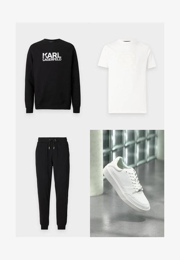 Musta puuvillainen collegepaita, jossa pitkät hihat. Edessä suuri valkoinen painettu logo "KARL LAGERFELD". Klassinen pyöreä pääntie.; Valkoinen lyhythihainen T-paita, jossa kohokuvioitu grafiikka tyylitellystä kasvoista aurinkolaseissa ja poninhännässä, alla teksti "KARL LAGERFELD".; Mustat collegehousut, joissa on joustava vyötärö, säädettävä naru, sivutaskut ja kapenevat lahkeet. Valmistettu pehmeästä, joustavasta kankaasta.; Valkoinen nahkainen tennari pyöreällä kärjellä, nauhallisella edessä ja tasaisella kumipohjalla. Siinä on rei'itetyt yksityiskohdat ja hillitty logokoriste.