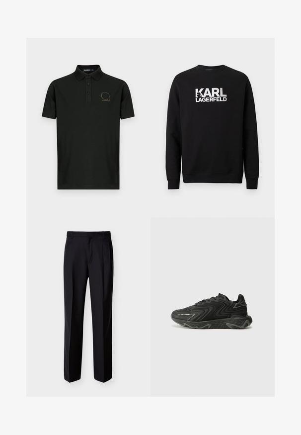 Sweat-shirt noir en coton à manches longues. Présente un grand logo imprimé blanc « KARL LAGERFELD » sur le devant. Conception classique à col rond.; Polo noir à manches courtes avec trois boutons et petit motif doré en contour d'un visage portant des lunettes de soleil sur la poitrine gauche.; Pantalon noir ajusté à coupe droite, avec un devant plissé et des poches latérales. Confectionné dans un tissu lisse et léger à motif uni.; Baskets noires avec une texture ondulée et des accents gris. Présentent un design à lacets et une semelle épaisse et sculptée. La marque est visible sur le côté.