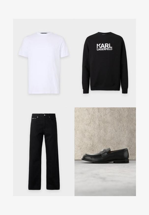 Čierna bavlnená mikina s dlhými rukávmi. Na prednej strane veľké biele potlačené logo "KARL LAGERFELD". Klasický dizajn s okrúhlym výstrihom.; Biela bavlnená tričko s krátkymi rukávmi a okrúhlym výstrihom, s jemne embosovaným logom na ľavej hrudi, hladká textúra.; Čierne denimové nohavice s rovnými nohavicami, piatimi vreckami a štítkom s logom na prednej strane, s kovovými prvkami a hladkou textúrou.; Čierny kožený loafer s kovovou značkovou platničkou ležiaci pri hnedom okrúhlom stole na béžovej koberci.