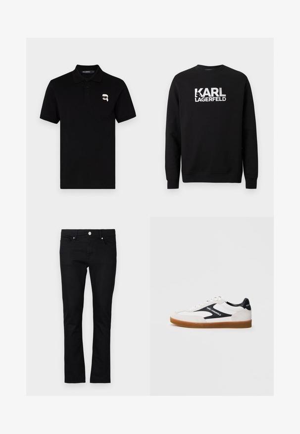 Zwarte trui van katoen met lange mouwen. Heeft een groot wit gedrukt logo "KARL LAGERFELD" aan de voorkant. Klassiek crewneck ontwerp.; Zwarte polo in katoen met een kraag, drie knopen en een klein wit logo op de linkerborst. Korte mouwen en rechte snit.; Zwarte denim jeans met een slim fit, rechte pijpen, vijf-pocket stijl en metalen knoopsluiting, met minimale stikseldetails.; Witte sneaker met zwarte accenten, gemaakt van suède en leer, versterkte neus, rubberen gumzool, met "Karl Lagerfeld"-branding aan de zijkant.