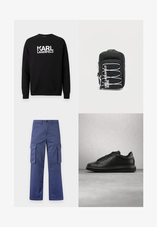 Čierna bavlnená mikina s dlhými rukávmi. Na prednej strane veľké biele potlačené logo "KARL LAGERFELD". Klasický dizajn s okrúhlym výstrihom.; Námornícke cargo nohavice vyrobené z odolného materiálu, s bočnými vreckami, rovnými nohavicami a zapínaním na gombík v oblasti pásu.; Osoba nosiaca čierne tenisky Karl Lagerfeld s čiernymi nohavicami, stojaca na drevenej parketovej podlahe proti bielej doskovanej stene.; Čierny kompaktný ruksak s predným elastickým bielym šnúrovým detailom a vertikálnym bielym textom "Karl Lagerfeld Jeans" na prednom vrecku.