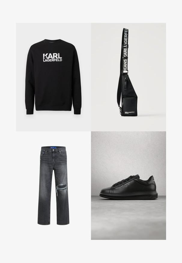 Sudadera negra de algodón con mangas largas. Presenta un gran logo impreso en blanco "KARL LAGERFELD" en el frente. Diseño clásico de cuello redondo.; Jeans de mezclilla negra con un corte relajado, que presentan detalles desgastados y pierna ancha. La textura es suave con un ligero desvanecimiento.; Persona que lleva zapatillas negras Karl Lagerfeld con pantalones negros, de pie sobre un suelo de parquet de madera contra una pared blanca con paneles.; Bolso bandolera negro con bolsillo frontal con cremallera y correa ajustable impresa con "KARL LAGERFELD JEANS" en letras blancas.