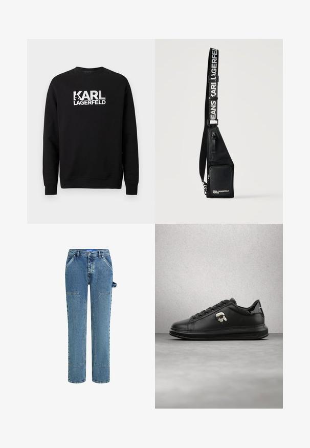 Sweat-shirt noir en coton à manches longues. Présente un grand logo imprimé blanc « KARL LAGERFELD » sur le devant. Conception classique à col rond.; Jean en denim bleu avec une coupe droite, présentant des patches contrastants, deux poches avant et un détail de boucle visible sur le côté.; Personne portant un pantalon en cuir noir et des baskets noires avec un petit accessoire personnage de dessin animé sur le côté, debout sur un sol en bois.; Sac bandoulière noir avec poche à zip avant et sangle réglable imprimée de "KARL LAGERFELD JEANS" en lettres blanches.