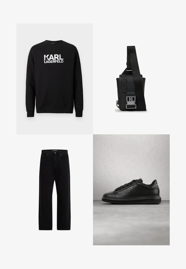 Čierna bavlnená mikina s dlhými rukávmi. Na prednej strane veľké biele potlačené logo "KARL LAGERFELD". Klasický dizajn s okrúhlym výstrihom.; Čierne denimové nohavice s voľným strihom, ktoré majú štandardný dizajn s piatimi vreckami, zapínanie na gombík a jemné vyšívanie značky.; Osoba nosiaca čierne tenisky Karl Lagerfeld s čiernymi nohavicami, stojaca na drevenej parketovej podlahe proti bielej doskovanej stene.; Čierna crossbody taška s hladkým koženým povrchom, nastaviteľným popruhom, gravírovaným logom a kovovým zapínaním.