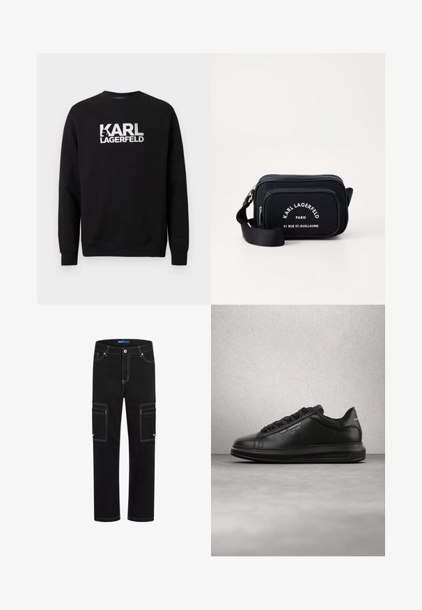 Mustast puuvillast dressipluus pikkade varrukatega. Ees suur valge trükitud logo "KARL LAGERFELD". Klassikalise ümmarguse kaelusega disain.; Mustad mustreeritud mustad cargo püksid valgete õmblustega, millel on kaks esitaskut ja kaks külgtaskut. Valmistatud vastupidavast kangast, sirge jala disain.; Inimene, kes kannab musti Karl Lagerfeld tossusid ja musti pükse, seisab puidust parketipõrandal valge paneelseinaga taustal.; Must värvi nailonist õlakott valgete tekstide ja brändimisega, millel on lukuga tasku ja reguleeritav rihm. Ristkülikukujuline kuju ja sile tekstuur.