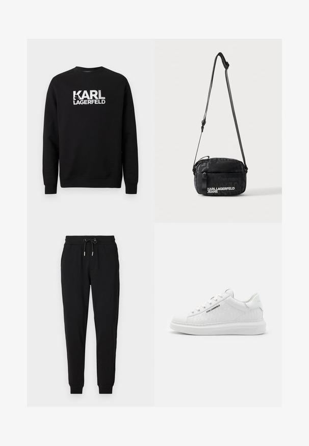 Mustast puuvillast dressipluus pikkade varrukatega. Ees suur valge trükitud logo "KARL LAGERFELD". Klassikalise ümmarguse kaelusega disain.; Mustad mustad püksid elastse vöökoht ja reguleeritava nööriga, küljetaskud ja kitsenevad sääred. Valmistatud pehmest ja venivast kangast.; Valged sneakerid, mis on valmistatud siledast nahast ja millel on reljeefne muster. Omab ümmargust varvasekambrit, nööpide ja paeltega esiosa ning tekstuurset tallaosa. Külje peal on hõbedane logo detail.; Must ristihoidmisega kott reguleeritava rihmaga ja valge Karl Lagerfeld Jeans logoga esimesel taskul heledal taustal.