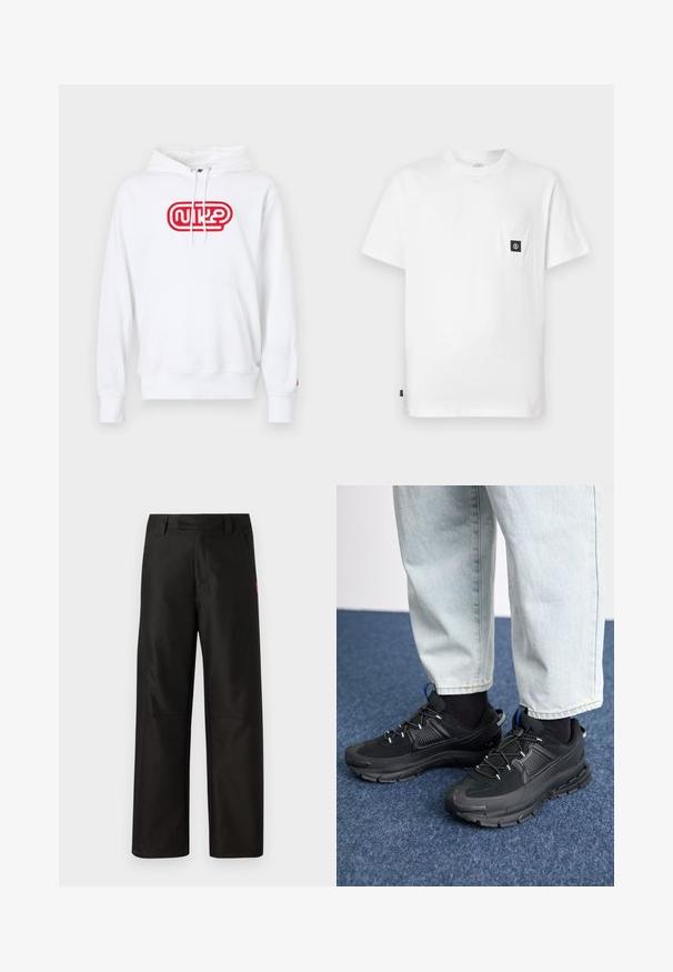 Sudadera blanca de algodón, con un logo bordado rojo en la parte frontal, cordones ajustables y un bolsillo tipo canguro. Textura suave.; Camiseta blanca de algodón con cuello redondo, mangas cortas y un bolsillo en el pecho con un parche de logo negro. Textura suave, ajuste relajado.; Pantalones anchos negros, confeccionados en una tela suave, con un frente plano, lazos para cinturón y dos bolsillos laterales. Acento del logo de la marca en rojo en un lado.; Zapatillas deportivas negras con tejido texturizado y suelas de goma, con cordones elásticos y un acento azul en el talón. Combinadas con pantalones de mezclilla claros.