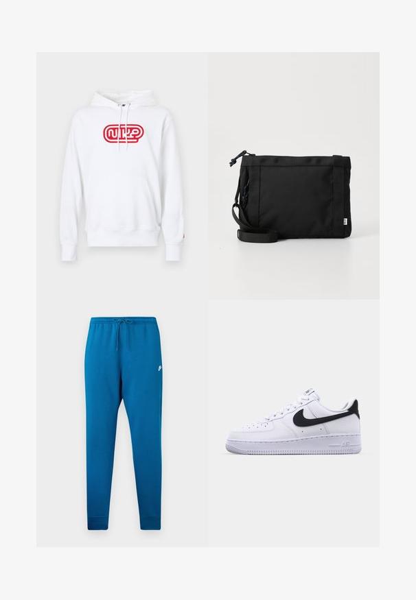 Sudadera blanca de algodón, con un logo bordado rojo en la parte frontal, cordones ajustables y un bolsillo tipo canguro. Textura suave.; Pantalones deportivos azul con cintura elástica y cordón ajustable. Presenta un logo blanco en el muslo y puños ajustados en los tobillos.; Zapatilla blanca de cuero con un Swoosh negro texturizado, cordones planos y una suela de goma con un patrón estriado. "AIR" está grabado en el talón.; Bolsa de hombro de tela negra con exterior texturizado, correa ajustable y cierre de cordón. Presenta costuras llamativas y una etiqueta lateral.
