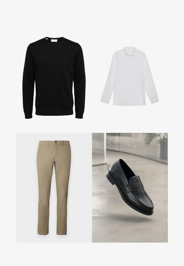 Pull noir à manches longues avec col rond, poignets et ourlet côtelés, présenté sur fond blanc.; Chemise blanche à manches longues en tissu lisse, dotée d'un col pointu, d'une fermeture à boutons sur le devant et de poignets à un bouton.; Chinos kaki en mélange de coton, avec une coupe droite, une taille standard avec fermeture à bouton et des poches latérales.; Mocassin en cuir noir à texture lisse, bout pointu et bande décorative sur le cou-de-pied. Semelle légère, design minimaliste.