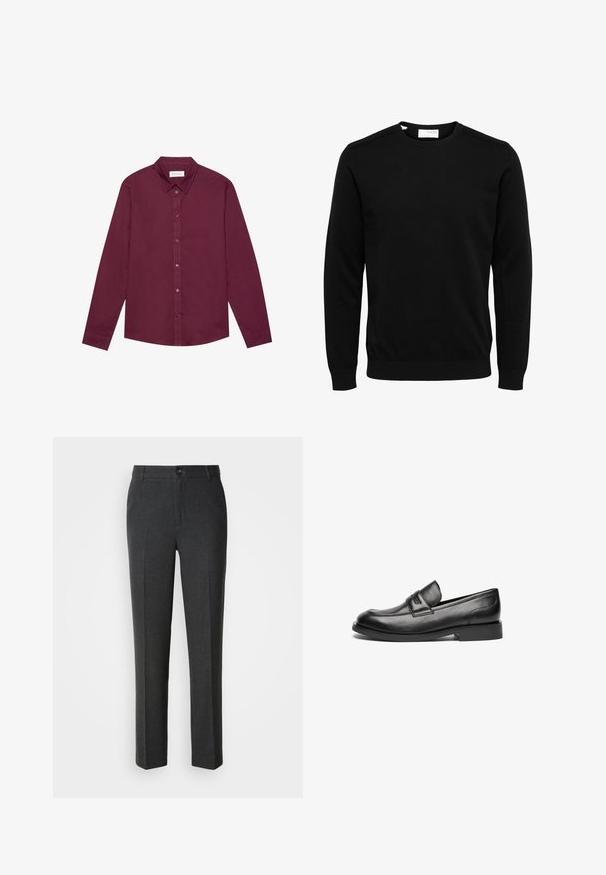 Sort langærmet rundhals sweater med ribbet manchetter og kant, vist mod en hvid baggrund.; Langærmet skjorte i dyb bourgogne, lavet af bomuldsblanding. Har klassisk krave, frontknaplukning og en subtil glans.; Skræddersyede mørkegrå bukser i et glat stof, med knaplukning, to forlommer og et lige ben-design.; Sorte læder loafers har en rund tå, en stikning hen over toppen og en lav, flad gummisål. Glat tekstur uden synlige mønstre.