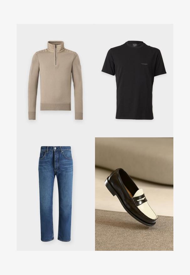 Beige langærmet sweater med quiltede skulderlapper, halv lynlås foran, høj krave og ribstrikkede manchetter og kant.; Sort kortærmet Armani Exchange T-shirt med rund hals og lille hvidt logo på venstre bryst mod hvid baggrund.; Straight-leg blå denim jeans med for-trykknap og lynlås lukning, forlommer og bæltestropper på en ensfarvet baggrund.; Sort læderloafer med en cremefarvet vamp og sorte accentstriber, som har en lav hæl og detaljeret syning langs kanterne.