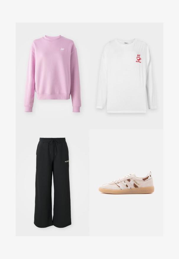 Roosa kapuutsiga sweatshird, kus on ümmargune kaelus, ribaga mansetid ja alläär ning väike valge logo vasakul rinnal. Pehme kangas ja lõdva lõikega.; Valge puuvillasest materjalist pika varrukaga t-särk, millel on vasakul rinnal punase kirjaga "MY Coffee" ja kruusi kujutis.; Mustad laiad dressipüksid, mis on valmistatud pehmest kangast, elastse vöökohtaga ja paelaga ning väikese logo vasakul küljel.; Madalad beeži värvi seemisnahast tennised kummist tallaga, pruunide ja valgete triipudega mustriga, küljele kuldsete tähtedega "SPEZIAL".
