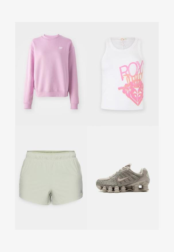 Lyserød sweatshirt med rund halsudskæring, ribbede manchetter og kant, samt et lille hvidt logo på venstre bryst. Blødt stof og afslappet pasform.; Hvid ærmeløs top med lyserød og orange blomster- og kronegrafik samt teksten "ROXY Juice" på forsiden.; Lys grønne atletiske shorts lavet af åndbart stof, med perforeret tekstur og elastisk talje. Logo trykt på siden.; Lysebeige Nike Shox sneaker med synligt søjleformet støddæmpende sål og mesh-detaljer på overdelen.
