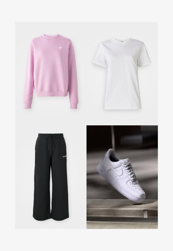Roosa kapuutsiga sweatshird, kus on ümmargune kaelus, ribaga mansetid ja alläär ning väike valge logo vasakul rinnal. Pehme kangas ja lõdva lõikega.; Valge puuvillane T-särk ümmarguse kaeluse ja lühikeste varrukatega. Kude on sile, pehme tekstuuriga ja ilma nähtavate mustrite või aktsendita.; Mustad laiad dressipüksid, mis on valmistatud pehmest kangast, elastse vöökohtaga ja paelaga ning väikese logo vasakul küljel.; Valge Nike Air Force 1 toss, mis hõljub betoonpinna kohal, varjud minimalistlikus keskkonnas.