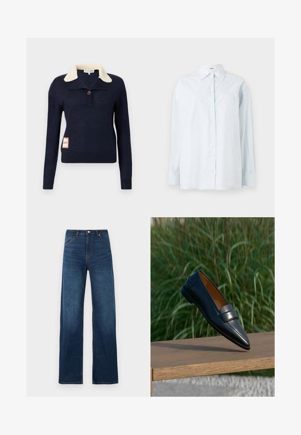 Pull bleu marine à manches longues avec col texturé crème, un bouton simple au niveau du cou, et une petite pièce rectangulaire sur le côté inférieur.; Chemise à rayures bleu clair à boutons, fabriquée dans un tissu à texture lisse ; elle possède un col classique et des manches longues avec des poignets à bouton.; Jean en denim bleu foncé, taille haute, jambes droites et larges, fermeture avant par boutons, fermeture éclair, poches avant et arrière.; Mocassin en cuir noir pour homme avec détail de bride, en équilibre sur le bord d’un banc en bois sur un fond flou d’herbe verte.