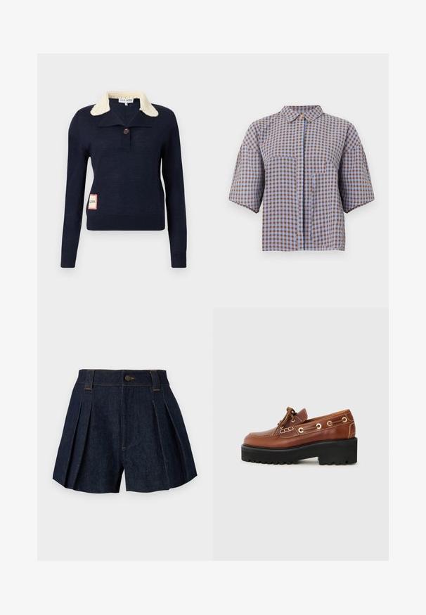 Pull bleu marine à manches longues avec col texturé crème, un bouton simple au niveau du cou, et une petite pièce rectangulaire sur le côté inférieur.; Chemise à manches courtes avec boutons, en motif vichy bleu et marron, dotée d'un col et de deux poches avant, avec une coupe décontractée.; Short en jean bleu foncé plissé avec passants de ceinture, bouton devant et fermeture éclair sur fond gris clair.; Chaussure en cuir brun avec un bout arrondi, des coutures décoratives, des éléments en métal et une semelle noire épaisse avec une texture anti-dérapante.