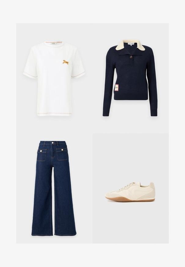 Pull bleu marine à manches longues avec col texturé crème, un bouton simple au niveau du cou, et une petite pièce rectangulaire sur le côté inférieur.; T-shirt blanc à manches courtes avec coutures orange et petit cheval brodé orange sur le côté gauche de la poitrine, col rond.; Jeans en denim bleu foncé à jambes larges, taille haute et deux poches avant à rabat avec boutons.; Baskets beige clair avec une tige en cuir texturé, des panneaux latéraux texturés et une semelle en caoutchouc. Dotées d'un design fin et épuré ainsi que de lacets plats.