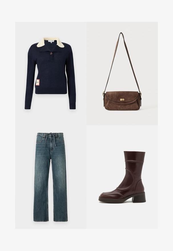 Navyblauer Pullover mit langen Ärmeln, cremefarbenem, strukturiertem Kragen, einem einzelnen Knopf am Hals und einem kleinen rechteckigen Aufnäher an der unteren Seite.; Blaue Jeans aus Denim, gerade geschnitten mit hoher Taille, ausgestattet mit einem Kordelzugverschluss und sichtbaren Steppnähten.; MIISTA MALENE - Stiefelette - brown; Braune Veloursleder-Umhängetasche mit langem verstellbarem Schulterriemen und einem goldenen Drehverschluss an der vorderen Klappe.