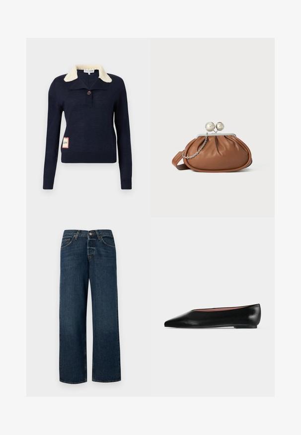 Navyblauer Pullover mit langen Ärmeln, cremefarbenem, strukturiertem Kragen, einem einzelnen Knopf am Hals und einem kleinen rechteckigen Aufnäher an der unteren Seite.; Dunkelblaue Jeans aus Denim mit geradem Schnitt, fünf Taschen und Metallbeschlägen. Verfügt über eine leichte Ausbleichung und einen sauberen Saum.; Schwarzer flacher Damenleder-Schuh mit spitzer Kappe und niedrigem Absatz, von der Seite auf einfarbigem hellgrauem Hintergrund gezeigt.; Braune Leder-Clutch mit silbernem Kugelverschluss und einem kleinen silbernen Kettendetail auf weißem Hintergrund.