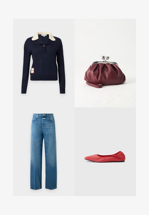 Pull bleu marine à manches longues avec col texturé crème, un bouton simple au niveau du cou, et une petite pièce rectangulaire sur le côté inférieur.; Jeans en denim bleu taille haute à jambe droite avec poches avant et arrière, fermeture à bouton et passants de ceinture sur un fond blanc.; Filippa K REY FLATS - Ballerines - bright red; Petit sac pochette en cuir bordeaux avec fermoir métallique argenté et bracelet sur fond blanc.