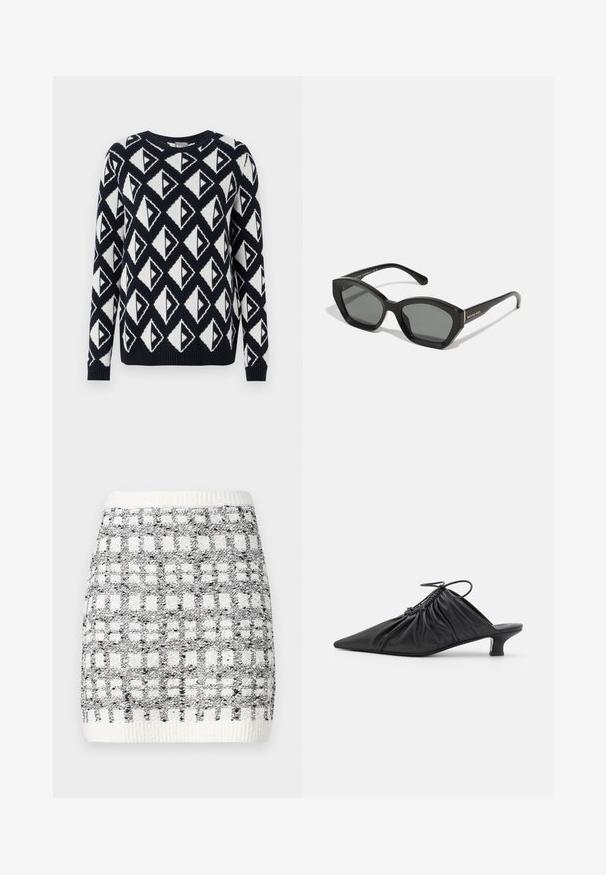 Strikket sweater i marineblå og hvid med et geometrisk trekantet mønster. Har en rund halsudskæring samt ribbede manchetter og kant.; Striknederdel i sort og hvid med et firkantet mønster, der har en ribbet elastik og en tekstureret overflade. Længde over knæet.; Sorte læder slip-on mules med spids tå, samlet tekstur og en lille kitten heel. Har en snor-detalje ved åbningen.; Sorte rektangulære solbriller med en markant vinkelramme, mørkegrå linser og et subtilt brandlogo på stangen.