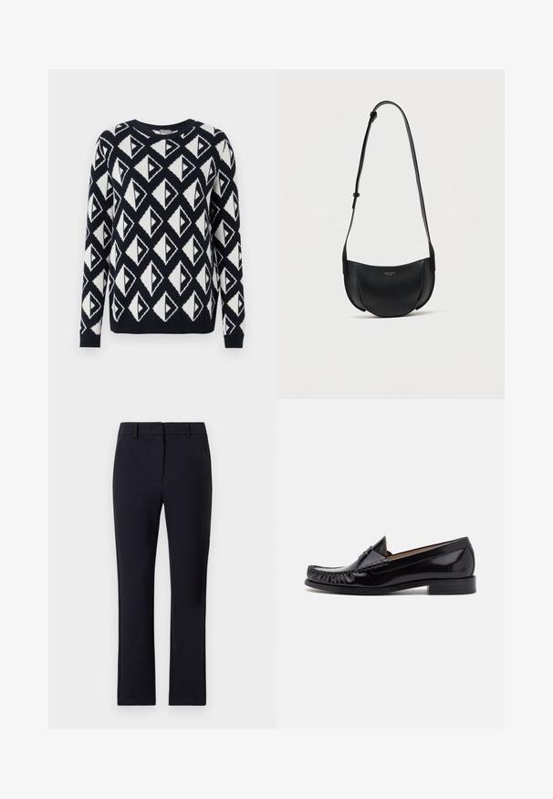 Strikket sweater i marineblå og hvid med et geometrisk trekantet mønster. Har en rund halsudskæring samt ribbede manchetter og kant.; Marineblå skræddersyede bukser med flad front, bæltestropper, to sidelommer og lige ben. Lavet af et glat stof.; Sorte læder moccasin sko med en skinnende finish, der har frynsedetaljer langs fronten og en lav stabelhælk.; Sort læder crossbody-taske i halvmåneform med justerbar rem og lille guldlogo foran i midten.