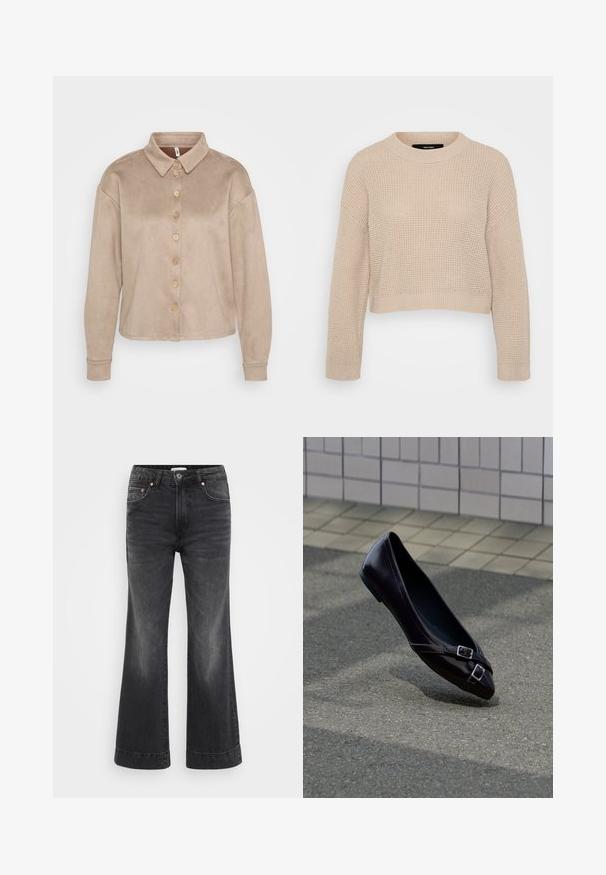 Beige striktrøje med rund halsudskæring, drop shoulder-design og ribbede kanter. Struktureret stof og cropped længde.; Beige skjorte med knapper lavet af blødt, suede-lignende materiale. Har en krave, lange ærmer og træknapper ned ad fronten.; Sorte brede ben jeans med høj talje, lavet af denim. Har forlommer, kobbernitter og synlige sømme langs sømmenes kant.; Sort spids balletflat med to små sølvspænder, der svæver over asfalt nær en flisebelagt væg som baggrund.