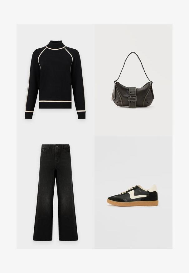 Pull noir à col montant, avec des accents crème le long des épaules et de l'ourlet. Confectionné dans un tissu doux et texturé.; Jean noir à jambes larges en denim, avec une fermeture à bouton sur le devant, des passants de ceinture et quatre poches, au toucher lisse et avec un léger délavage.; Baskets en daim et cuir noir avec un swoosh latéral crème et un talon crème clair. Dotées de lacets beige et d'une semelle en caoutchouc gomme.; Sac à épaule en cuir noir avec une sangle à boucle, des bords arrondis et des coutures blanches contrastées sur un fond uni.