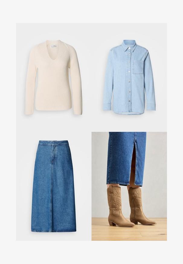 Crème-kleurige gebreide trui met een V-hals, lange mouwen en ribbelstructuur, met een ontspannen pasvorm en zonder zichtbare patronen of accenten.; Lichtblauwe denim shirt met een knoopsluiting aan de voorkant, puntige kraag, één borstzak en lange mouwen met knoopmanchetten.; Denim midi-rok met een ontspannen pasvorm, voorzien van een hoge taille, rafelige zoom en een effen blauwe kleur. Eenvoudig ontwerp zonder zichtbare versieringen.; Tan leren westernlaarzen met decoratieve stiksels, een spitse neus en een gestapelde hak. Draag met een spijkerrok tot de knie, waardoor de laarzen zichtbaar zijn.