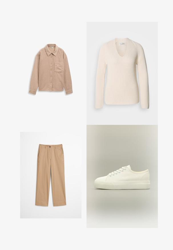 Cremefarvet strikket sweater med V-udskæring, lange ærmer og ribbet struktur, der har en afslappet pasform og ingen synlige mønstre eller accenter.; Beige corduroy skjortejakke med krave, fem-knaps lukning og en enkelt brystlomme. Blød tekstur med lodret ribb.; Beige bomuldsbukser med lige ben, knaplukning foran og en glat tekstur. Har standard bærestropper og flad frontdesign.; Hvid lavtop lærreds-sneaker med snørelukning foran og tyk, tekstureret gummisål på en neutral baggrund.