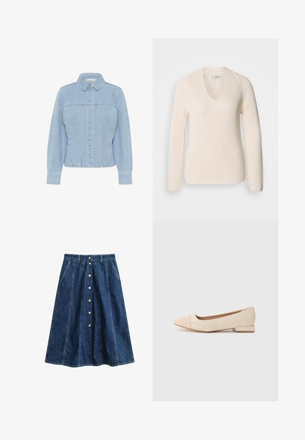 Cremefarvet strikket sweater med V-udskæring, lange ærmer og ribbet struktur, der har en afslappet pasform og ingen synlige mønstre eller accenter.; Lyseblå denimjakke med spidse kraver, frontknaplukning, lange ærmer og lodrette sømdetaljer. Glat tekstur.; Mørkeblå denim A-line nederdel med frontknaplukning og sidelommer, med lodrette panelsting og bæltestropper i taljen.; Beige patentlæder flad sko med spids tå, en kontrastfarvet blank hætte foran og en lille rektangulær blokhæl.