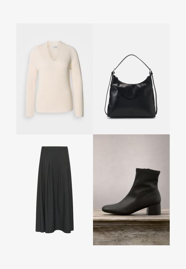Pull en tricot couleur crème avec un col en V, des manches longues et une texture côtelée, offrant une coupe décontractée sans motif ni accents visibles.; Jupe longue gris foncé en A avec une taille ajustée et des plis subtils s'étendant de la taille à l'ourlet.; Bottine noire à finition en cuir lisse et brillante, talon bloc incliné, et tige ajustée élastiquée pour une silhouette élégante.; Une jeune femme aux longs cheveux noirs est assise sur un bloc en bois, vêtue d'une tenue crème, tenant un sac à bandoulière en cuir noir croisé sur la poitrine.