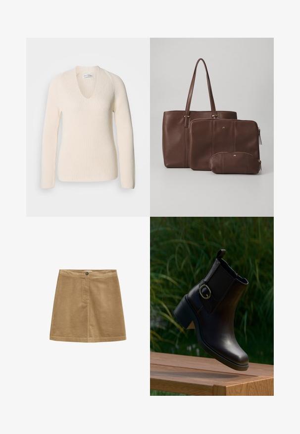 Crème-kleurige gebreide trui met een V-hals, lange mouwen en ribbelstructuur, met een ontspannen pasvorm en zonder zichtbare patronen of accenten.; Bruine corduroy mini-rok met een knoopsluiting, met een verticale ribbelstructuur en een eenvoudig ontwerp. De zoom is recht en netjes afgewerkt.; Zwarte leren enkellaars met lage hak en zijgesp, drijvend boven een houten oppervlak buiten met een groene achtergrond van bladeren.; Bruine leren schoudertas met twee bijpassende pouches; de tas heeft lange hengsels, terwijl de pouches met rits zijn en in verschillende maten komen. Gouden accenten zijn inbegrepen.
