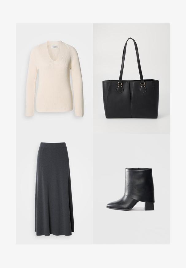Jersey de punto color crema con escote en V, mangas largas y textura acanalada, que presenta un corte holgado y sin patrones ni acentos visibles.; Larga falda maxi de color gris oscuro, hecha de tela suave y elástica. Presenta una cintura alta y un diseño fluido, con costuras laterales sutiles para darle forma.; Bota de cuero negro hasta el tobillo con punta afilada, textura suave y un tacón bloque estructurado. Presenta un diseño de puño alto y doblado.; Bolso tote de cuero sintético negro con un acabado texturizado, dos asas largas y detalles en tono dorado en el lateral. Forma rectangular.