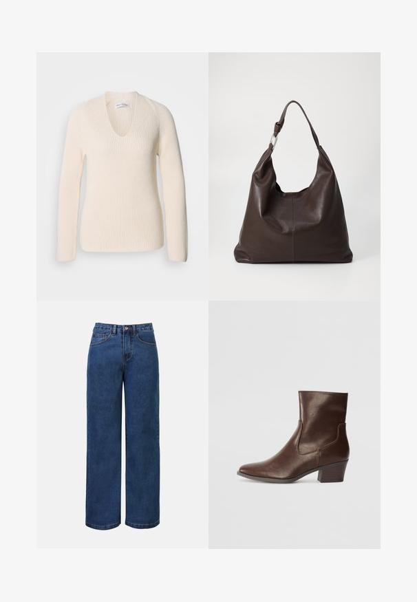 Pull en tricot couleur crème avec un col en V, des manches longues et une texture côtelée, offrant une coupe décontractée sans motif ni accents visibles.; Jean large en denim bleu foncé avec taille haute, doté d'une fermeture à bouton, de passants de ceinture et de poches avant et arrière. Texture lisse.; Bottine en cuir marron à bout pointu, talon moyen bloc et panneaux latéraux élastiques pour un enfilage facile. Texture lisse et design élégant.; Zign by Zalando LEATHER - Cabas - chocolate brown