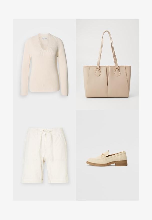Cremefarvet strikket sweater med V-udskæring, lange ærmer og ribbet struktur, der har en afslappet pasform og ingen synlige mønstre eller accenter.; Off-white knælange shorts med elastisk taljebånd, snørelukning, forlommer og løs pasform i letvægtsstof.; Beige tekstil loafers med en lav blokhæl, der har et syet design og en dekorativ hardware accent i guldtoner på overdelen.; Beige tote taske lavet af tekstureret kunstlæder, med dobbelte håndtag og guldfarvede hardware accenter. Designet inkluderer en delt frontdetalje.