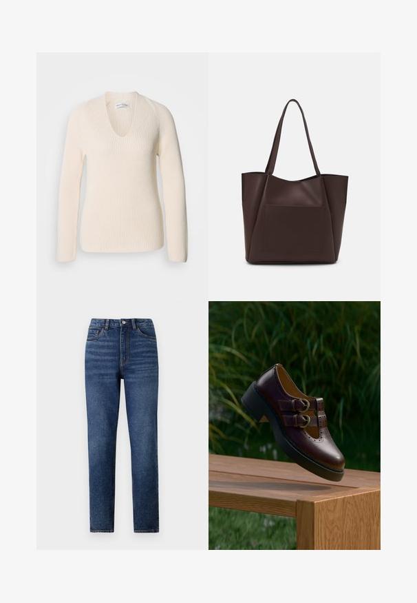 Crème-kleurige gebreide trui met een V-hals, lange mouwen en ribbelstructuur, met een ontspannen pasvorm en zonder zichtbare patronen of accenten.; Hoge taille blauwe denim jeans met rechte pijpen, voorzien van subtiele wassing, sluiting met één knoop en een vijf-pocket ontwerp.; Donkerbruine leren schoen met dubbele gespbanden, geperforeerde details en dikke zwarte zool, hangend boven een houten tafel buiten.; Bruine tote bag gemaakt van glad materiaal, met een grote voorkantzak, twee handvatten en een vereenvoudigd, gestructureerd ontwerp.