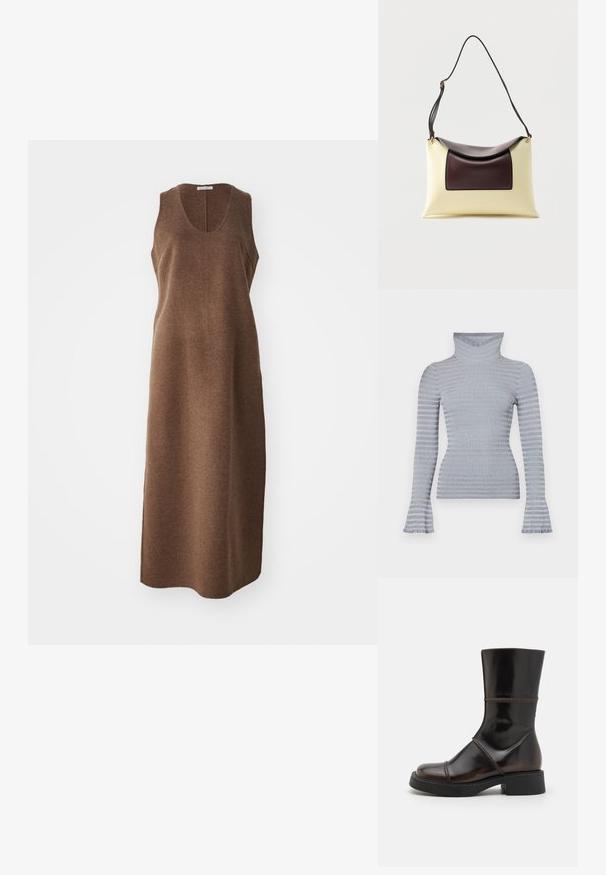 Lys grå og hvid stribet ribstrikket turtleneck sweater med lange ærmer og subtile flared manchetter mod en hvid baggrund.; Ærmeløs, knælængde brun uldkjole med rund udskæring og en lige, let tætsiddende silhuet.; MIISTA DAHLIA - Plateaustøvler - brown; Skuldertaske i cremefarvet og mørkebrun læder med buet klap og justerbar sort rem mod hvid baggrund.