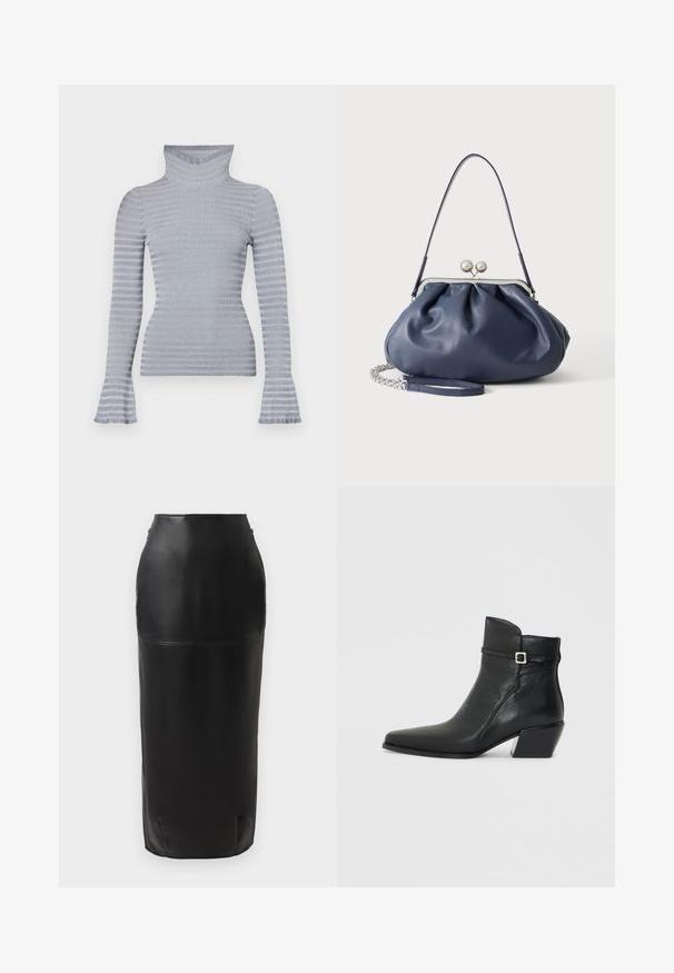 Lys grå og hvid stribet ribstrikket turtleneck sweater med lange ærmer og subtile flared manchetter mod en hvid baggrund.; Sort læder midi-nederdel med en tætsiddende silhuet, glat tekstur, høj talje og diskret lynlås lukning i siden. Ingen mønstre eller accenter.; Sorte læder ankelstøvler med spids tå, en lav blokhæl og en dekorativ rem med en sølvspænde accent. Glat tekstur.; Blød navyblå læderhåndtaske med sølv lukning, enkelt skulderrem og aftagelig kæde til håndleddet på hvid baggrund.