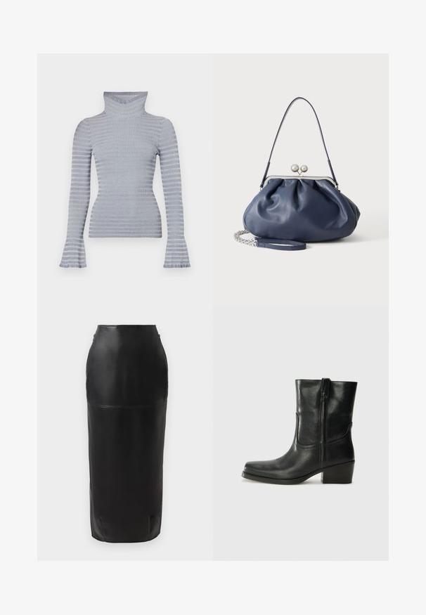 Lys grå og hvid stribet ribstrikket turtleneck sweater med lange ærmer og subtile flared manchetter mod en hvid baggrund.; Sort læder midi-nederdel med en tætsiddende silhuet, glat tekstur, høj talje og diskret lynlås lukning i siden. Ingen mønstre eller accenter.; Sort læder ankelstøvle med rundt tå, blokhæl, lynlås i siden og stikninger på vampsiden. Glat tekstur, klassisk design.; Blød navyblå læderhåndtaske med sølv lukning, enkelt skulderrem og aftagelig kæde til håndleddet på hvid baggrund.